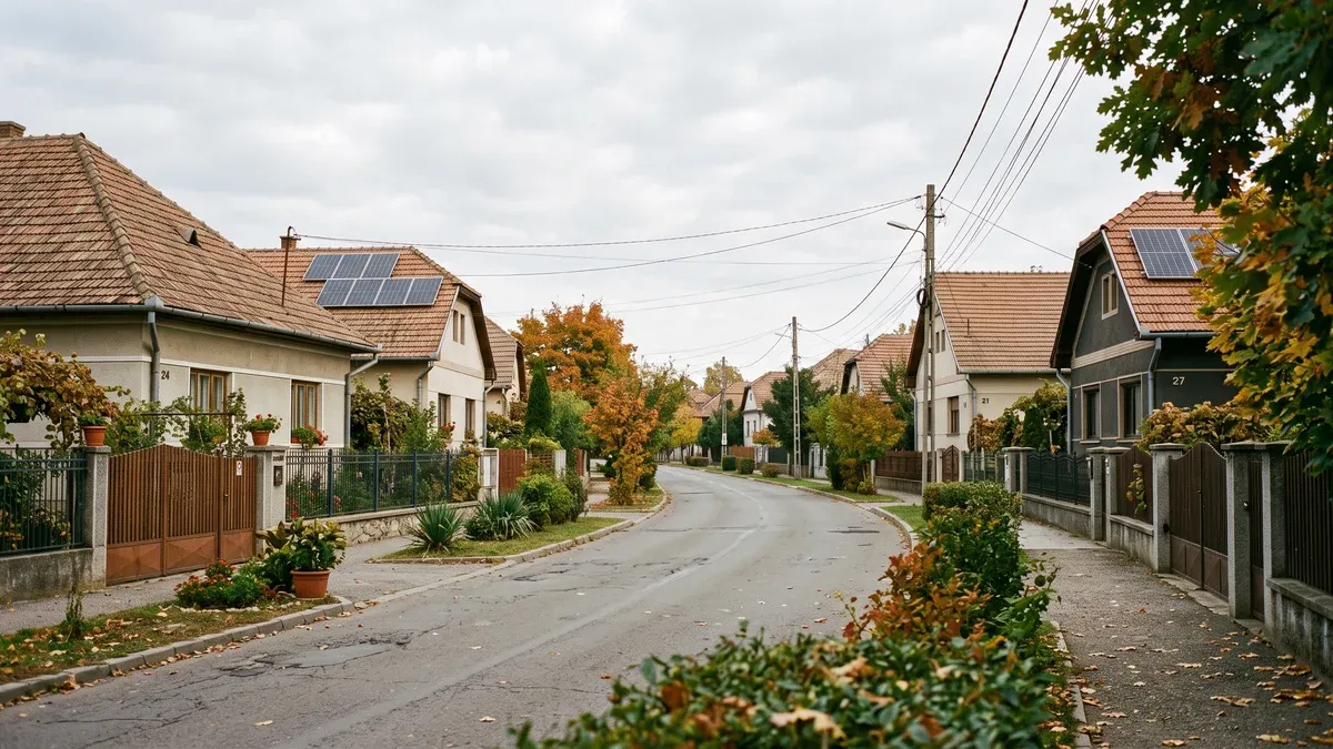 Stradă liniștită cu case unifamiliale, unele cu panouri fotovoltaice pe acoperiș și altele fără, în lumina de început de toamnă