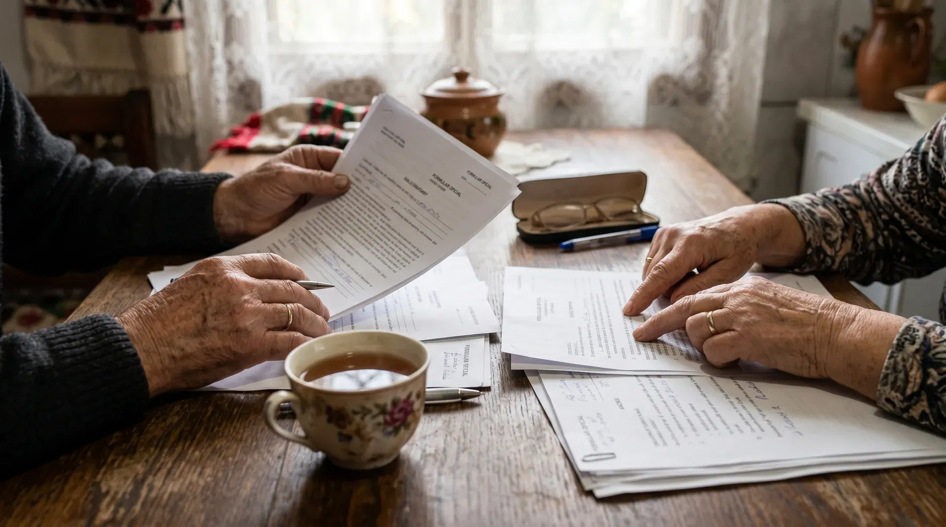 Mâinile unui cuplu de pensionari români verificând documente Casa Verde pe masa de bucătărie cu ceașcă ceai și ochelari de citit