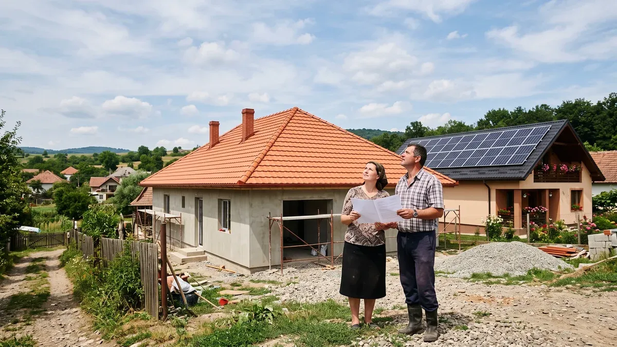 Cuplu în curtea unei case noi din România privind acoperișul fără panouri, cu o ofertă tipărită în mână, în timp ce casa vecină are deja panouri fotovoltaice montate