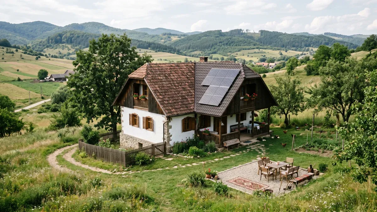 Casă de vacanță cu sistem fotovoltaic pe acoperiș în zonă rurală, peisaj verde însorit