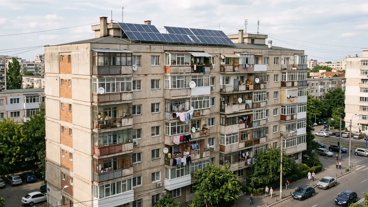 Bloc de apartamente cu panouri fotovoltaice pe acoperiș, vedere din exterior