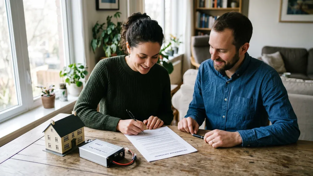 Două persoane care semnează un document la o masă cu lumină naturală, context juridic imobiliar