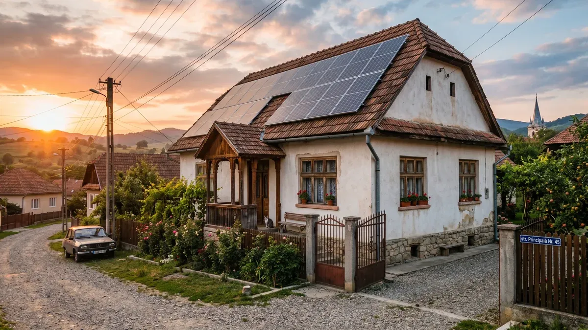 Casă din România cu panouri fotovoltaice pe acoperiș fotografiată în lumina după-amiezii târzii, simbolizând investiția privată în energie solară fără subvenție