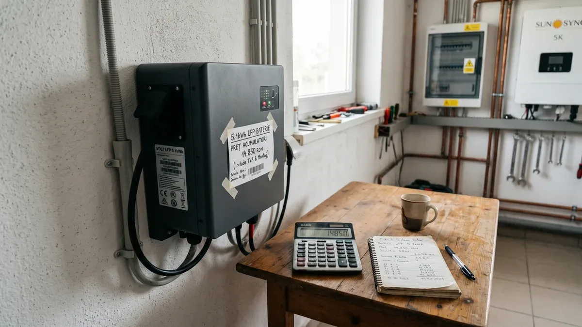 Baterie de stocare LFP montată pe perete într-o cameră tehnică de casă, cu etichetă de preț și calculator pe masă