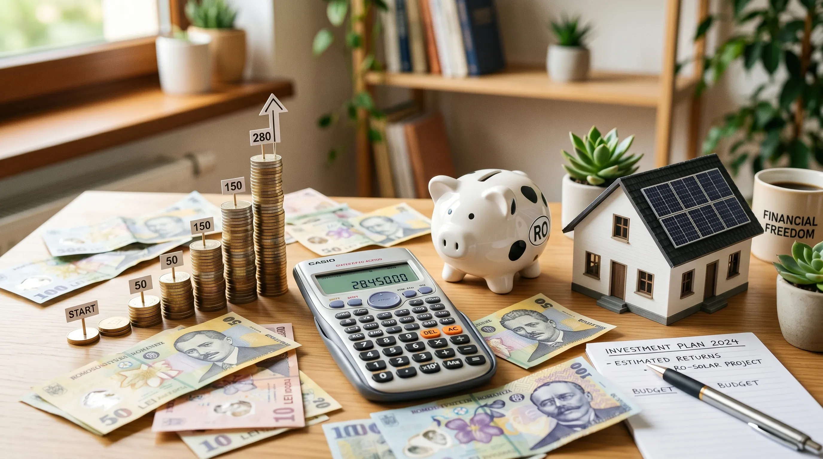 Calculator și bancnote reprezentând investiția în panouri fotovoltaice