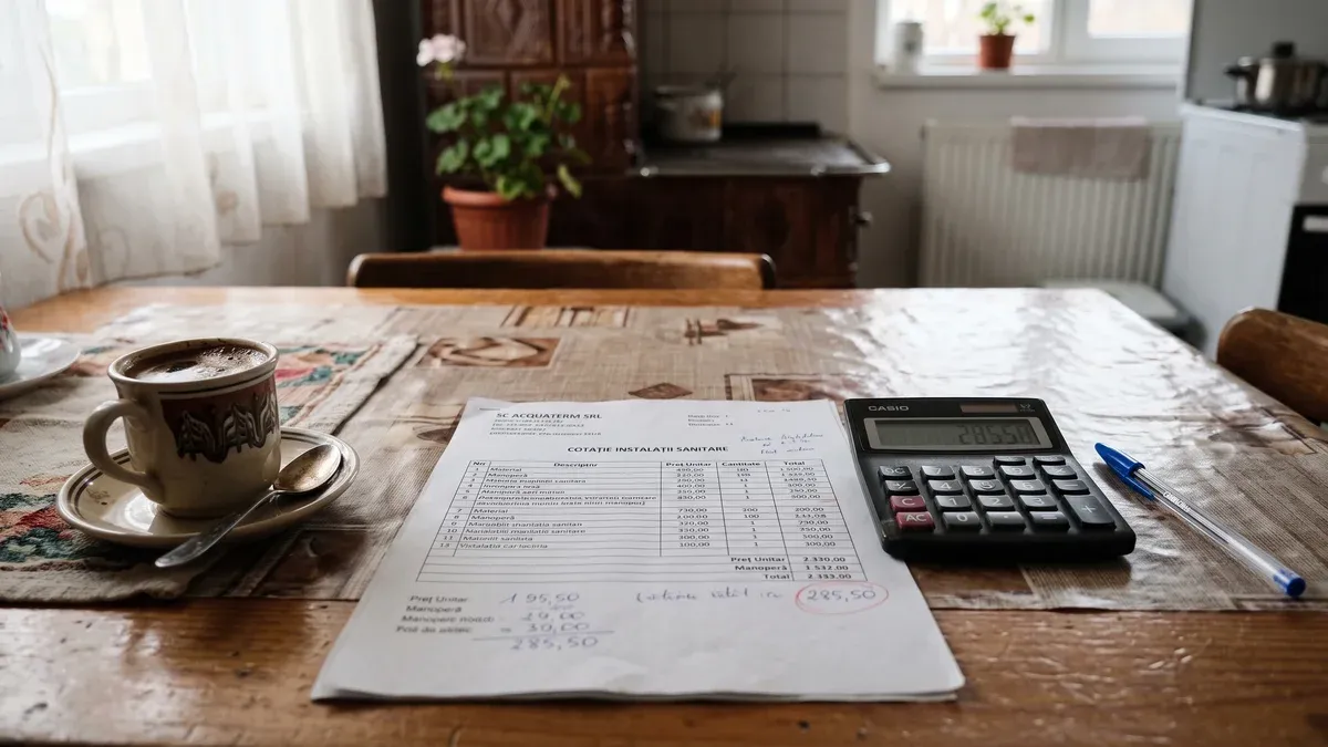Deviz de instalare pe o masă de bucătărie, cu un calculator de birou și o cană de cafea alături