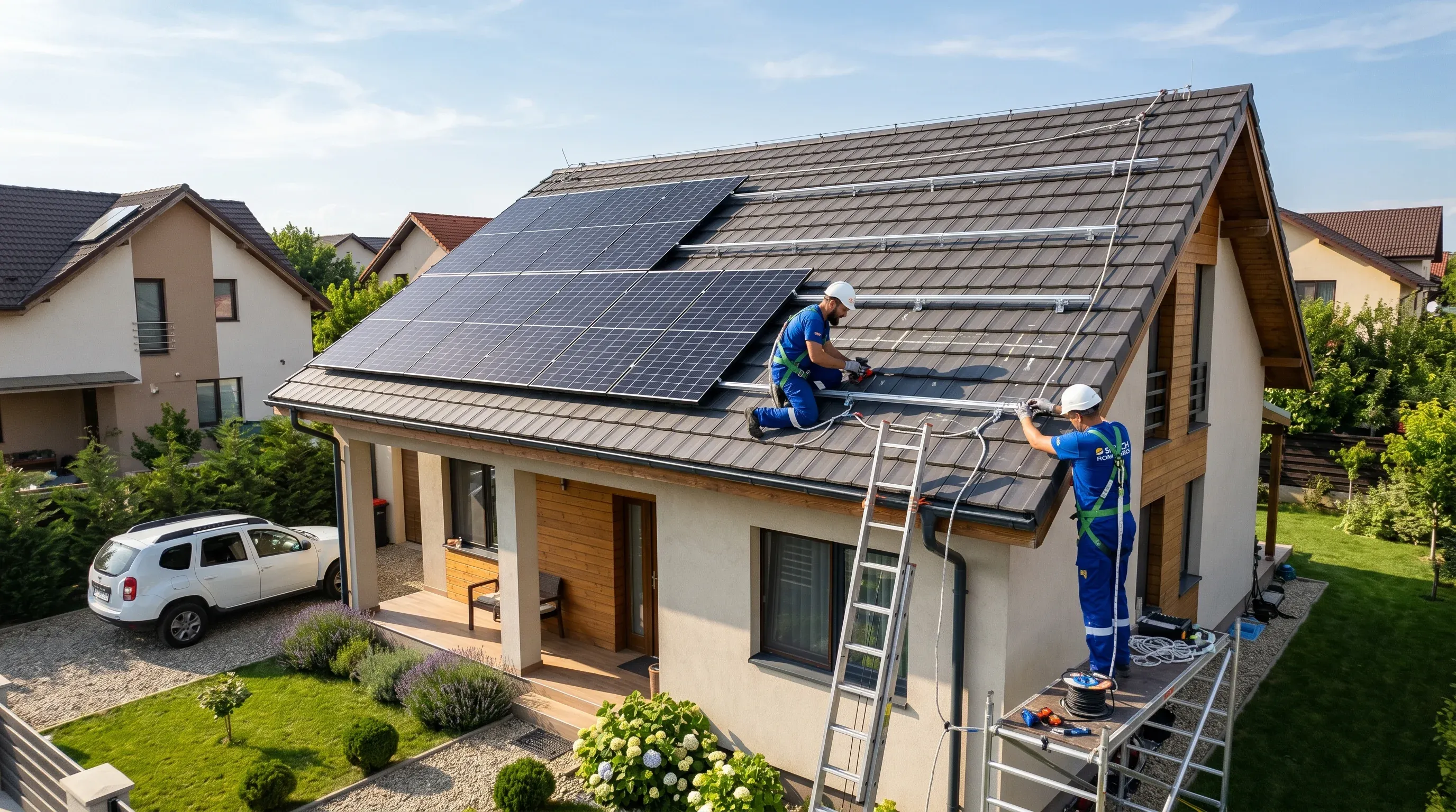 Casă cu panouri fotovoltaice montate parțial pe acoperiș