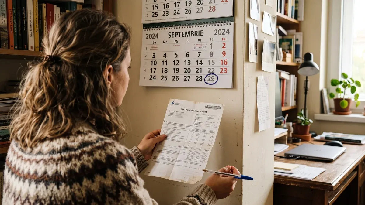 Birou cu o factură de energie electrică tipărită, un calendar deschis la luna septembrie și un pix așezat deasupra