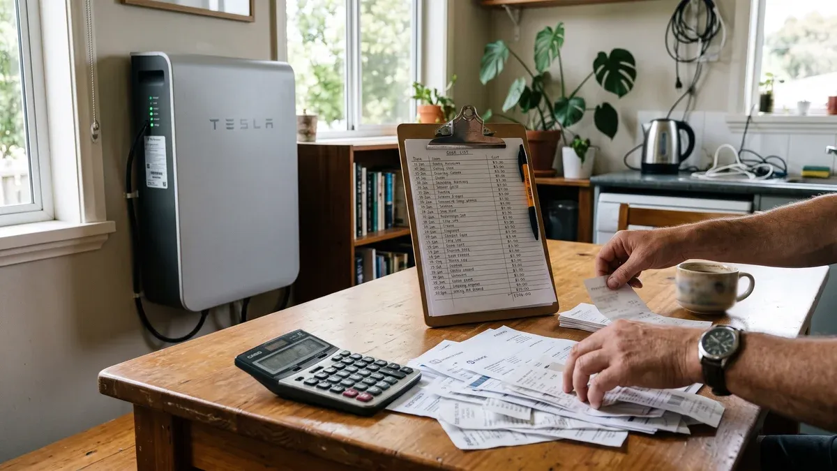 Tabel cu deviz de instalare baterie, stilou și calculator pe birou