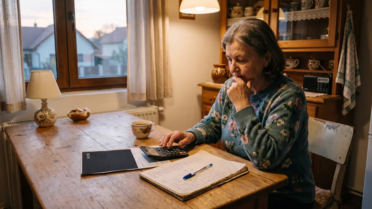 Calculator, agendă și documente pe un birou luminat, alături de un plic cu bani, sugerând calculul contribuției proprii pentru un dosar de finanțare