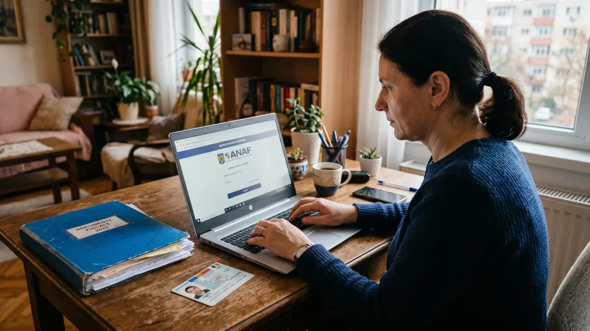 Ecran laptop cu platforma Spațiul Privat Virtual ANAF deschisă pe un birou ordonat cu lumină de zi