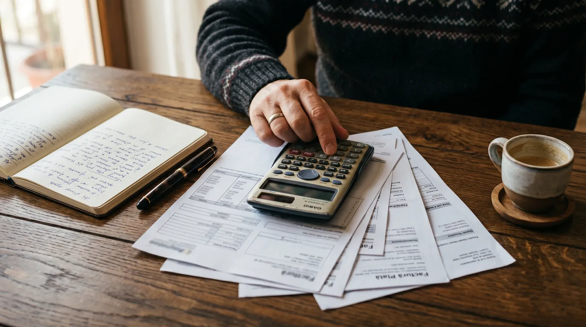 Mână folosind un calculator pe birou cu facturi și documente financiare pentru calculul contribuției proprii în Casa Verde 2026