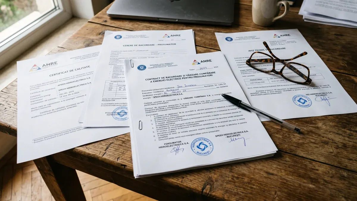 Dosar cu documente de prosumator și contract de racordare pe birou de lemn cu lumină naturală de dimineață