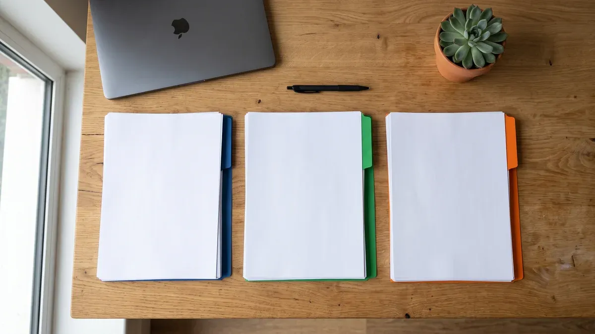 Trei teancuri separate de documente pe un birou de lemn, etichetate cu despărțitoare colorate, lângă un laptop deschis