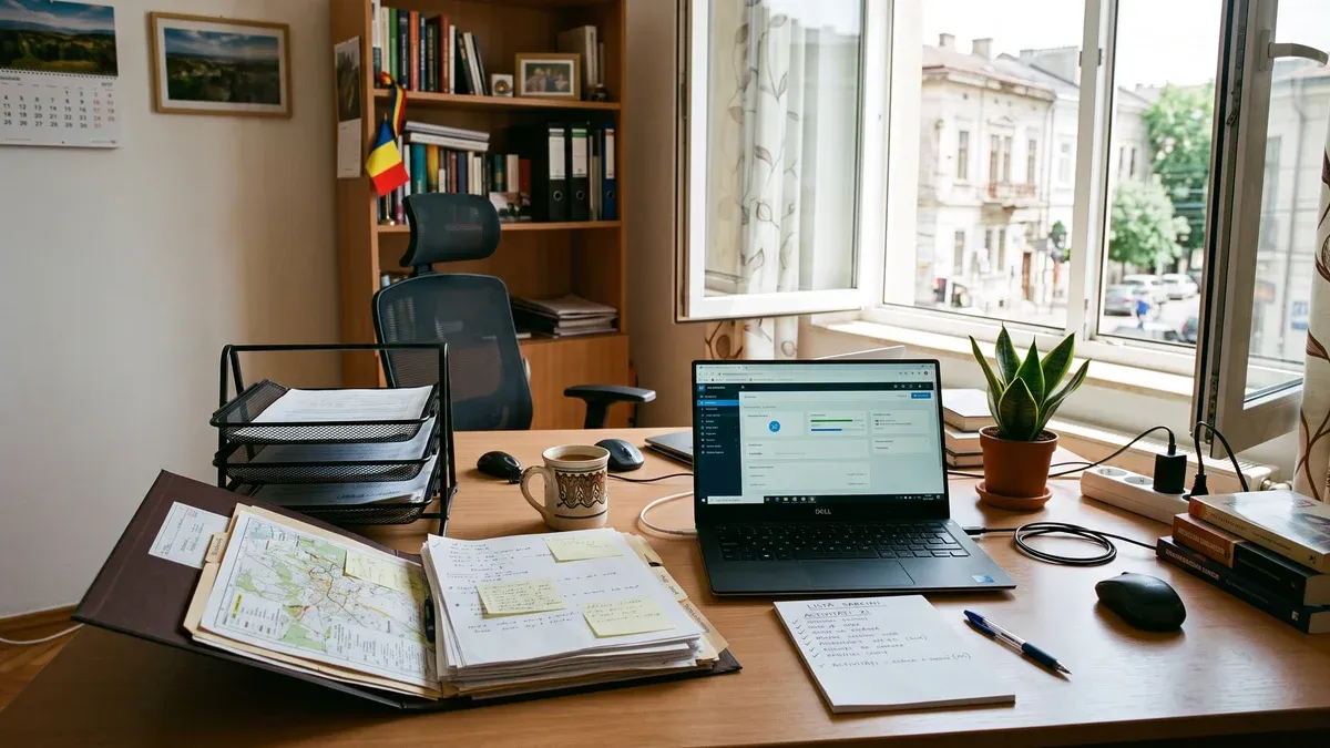 Dosar cu acte așezat pe birou lângă un laptop deschis la o platformă online
