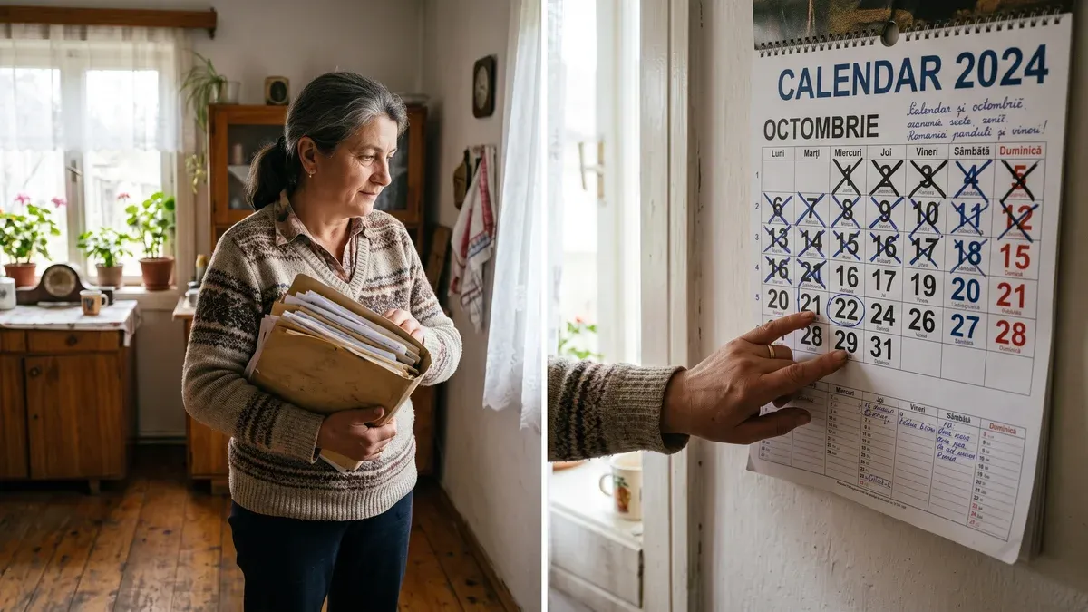 Dosar cu acte așezate pe birou, în așteptare, cu un calendar pe fundal