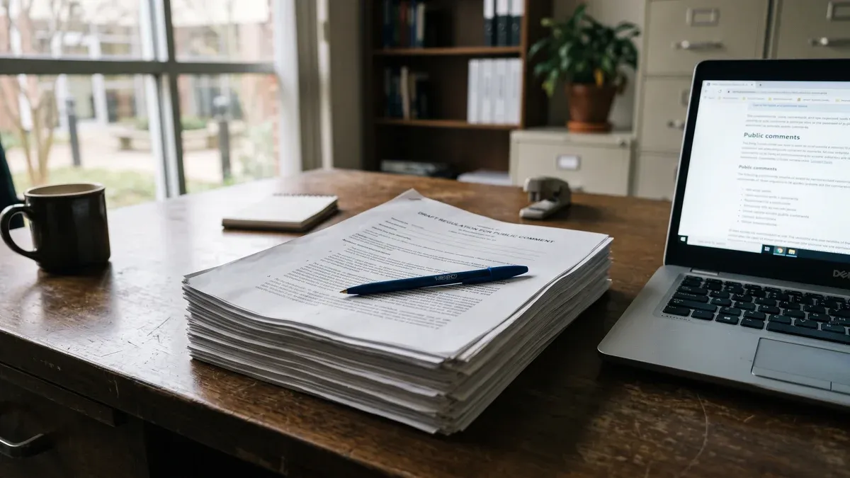 Documente oficiale așezate pe un birou, alături de un laptop deschis, sugerând un proiect de ghid intrat în consultare publică