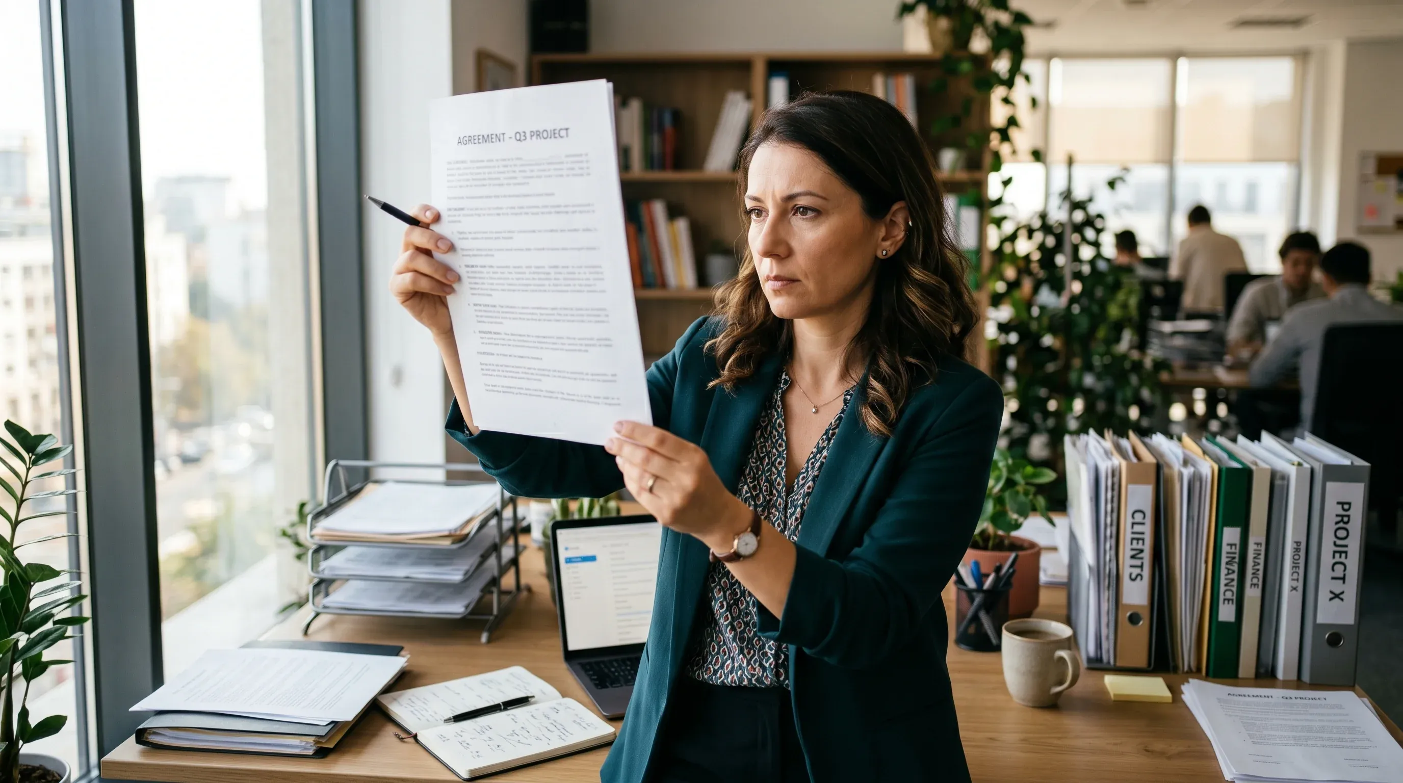 Femeie verificând atent un document înainte de depunere