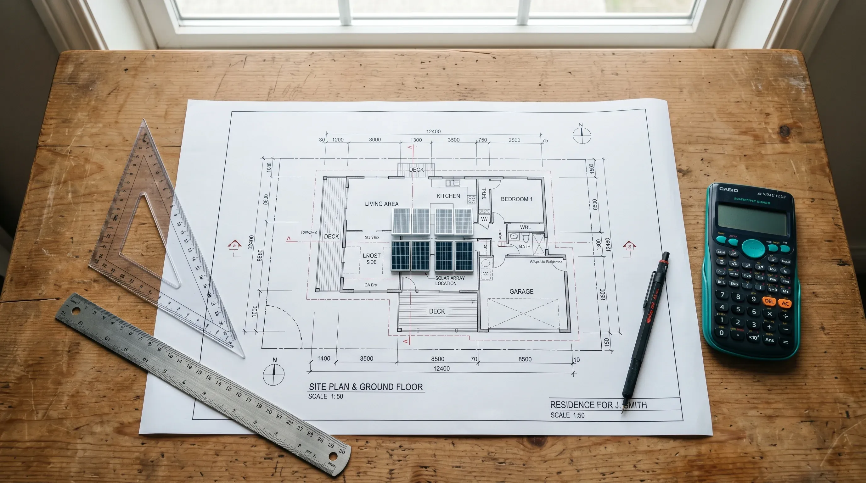 Calculator și plan al unei case cu panouri fotovoltaice