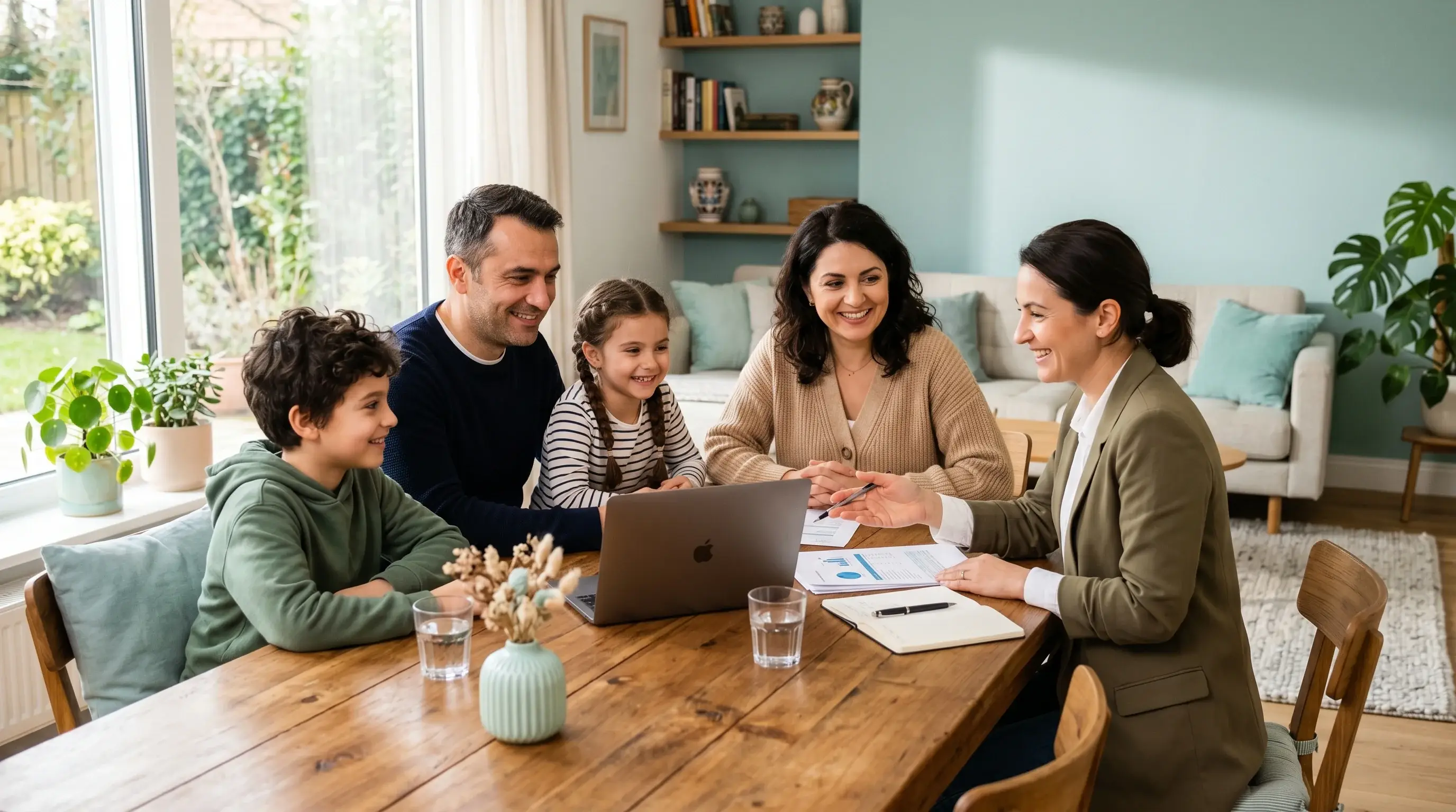 Familie din România primind consultanță pentru programul Casa Verde 2026, la masa din sufragerie cu consultant și laptop