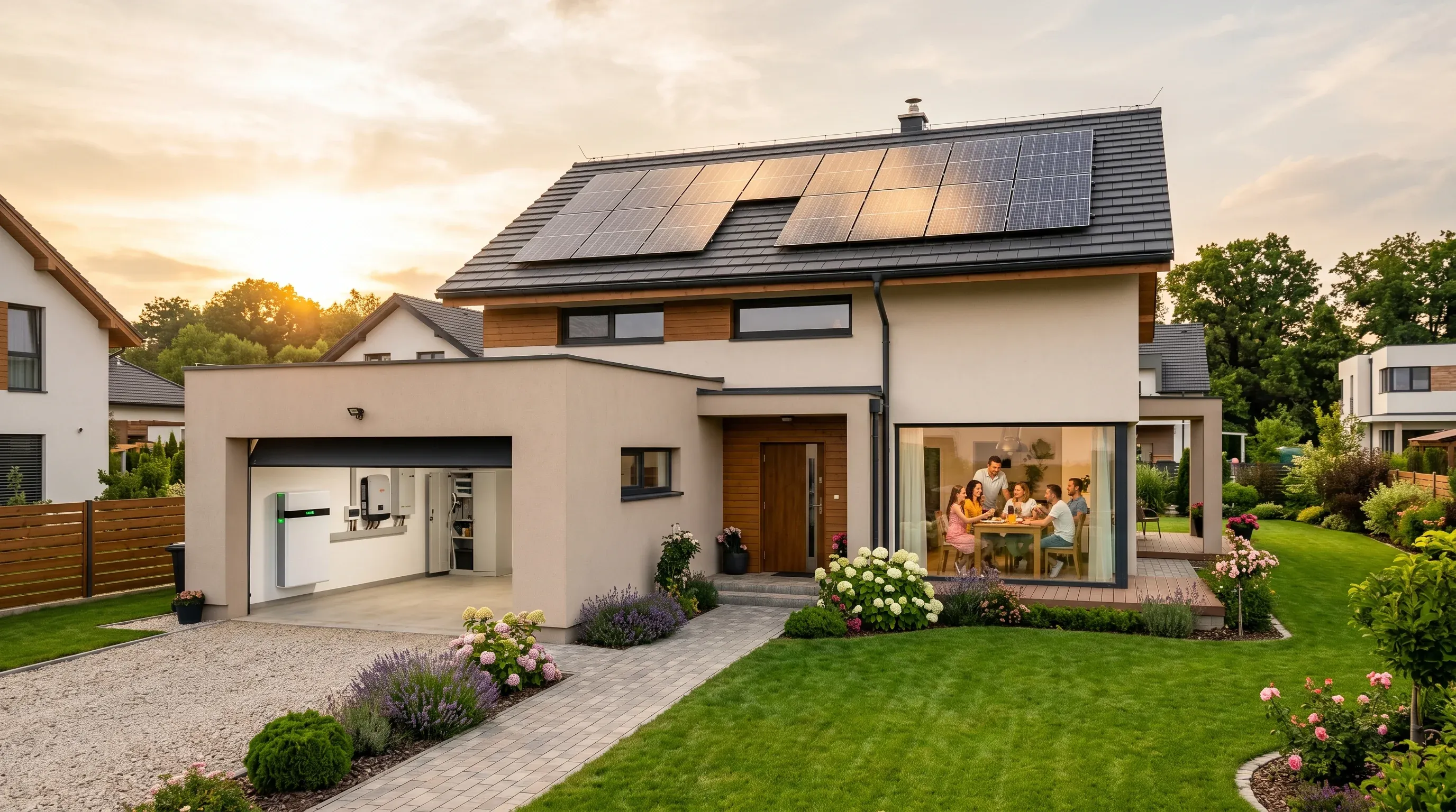 Casă românească modernă cu panouri fotovoltaice pe acoperiș și baterie de stocare vizibilă în garaj, sistem complet instalat prin Casa Verde