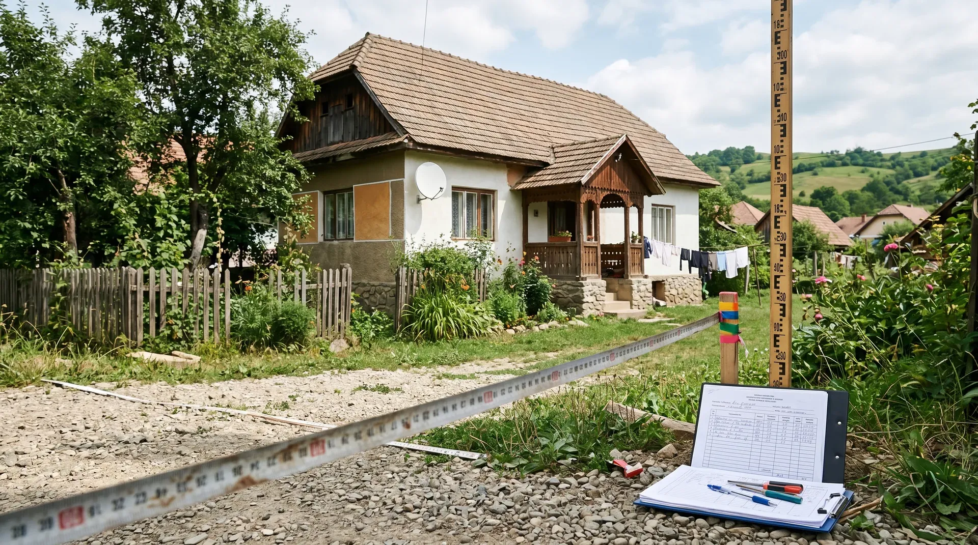 Casă rezidențială rurală din România cu instrumente cadastrale (ruletă, marcaje topograf) în prim-plan