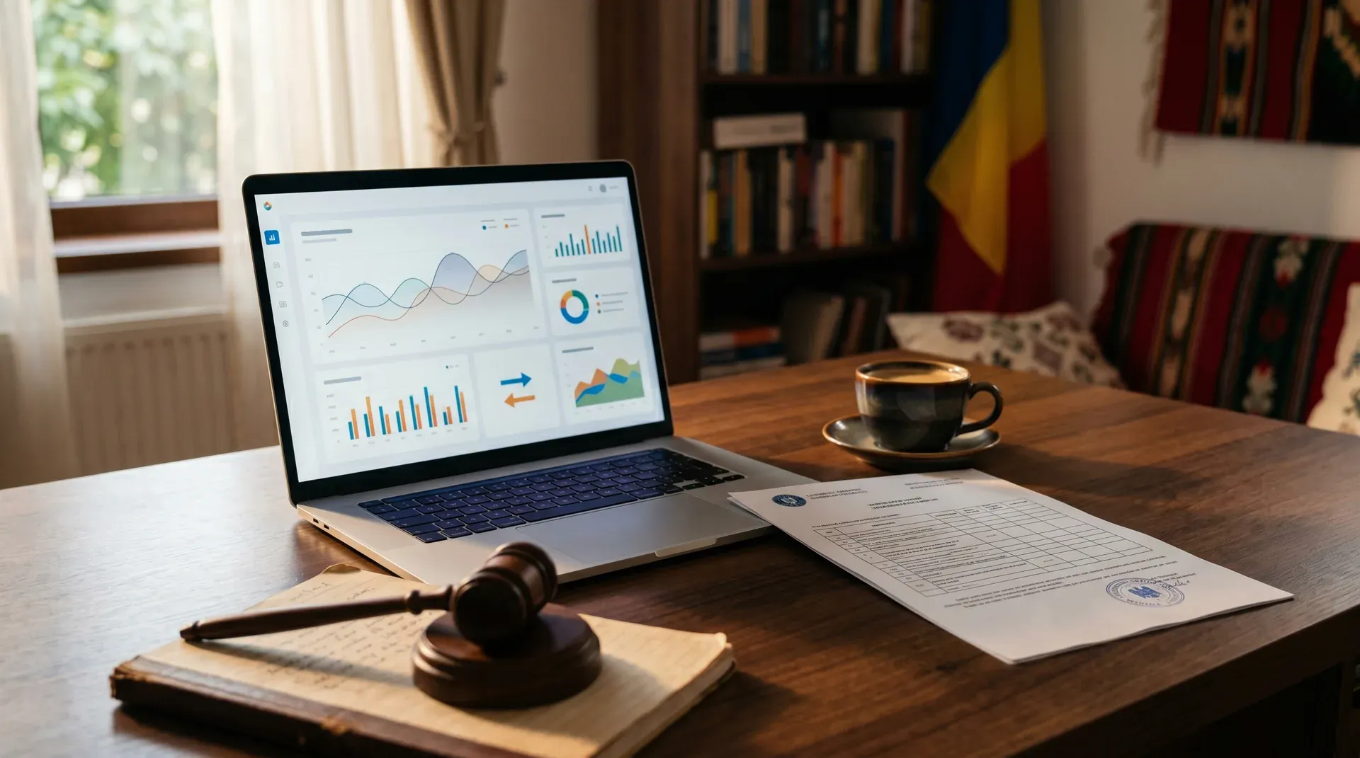 Birou cu laptop afișând un dashboard energetic bidirecțional, document oficial cu ștampilă și ciocănel de judecător, simbolizând validarea legii prosumatorilor de către Curtea Constituțională