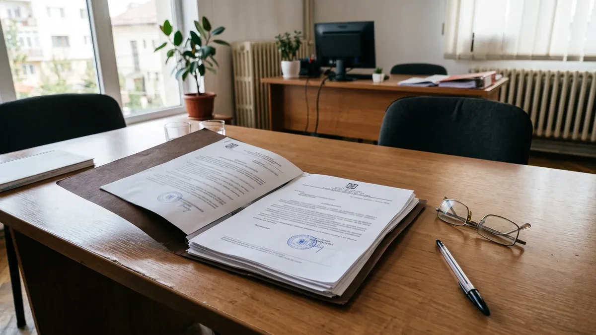 Birou cu trei dosare așezate în ordine, lângă un formular de finanțare și un pix