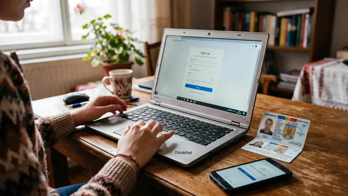 Ecran laptop cu formular de înregistrare pe un portal online guvernamental
