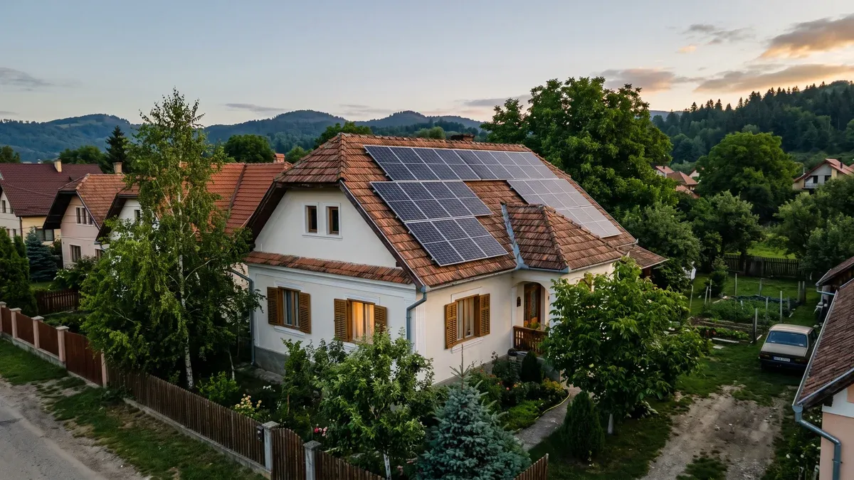 Panouri fotovoltaice montate pe acoperișul înclinat al unei case din România, fotografiate în lumina joasă a dimineții