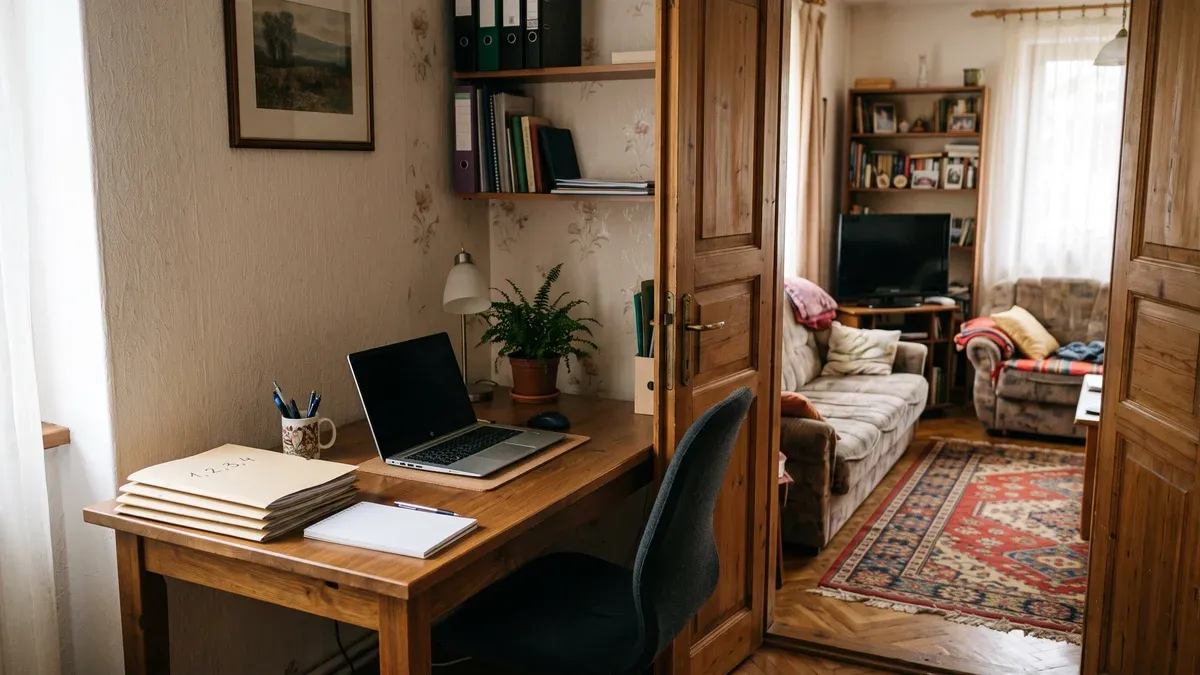 Colț de birou de acasă cu dosare și laptop, într-o locuință obișnuită, cu sufrageria vizibilă prin ușă