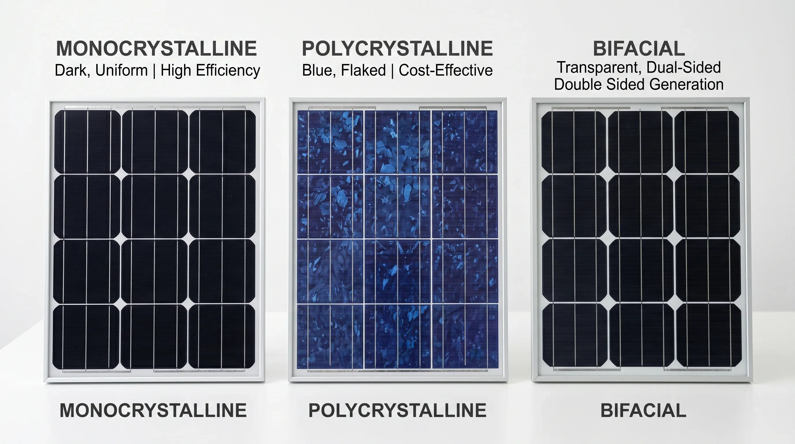 Trei tipuri de panouri fotovoltaice expuse comparativ