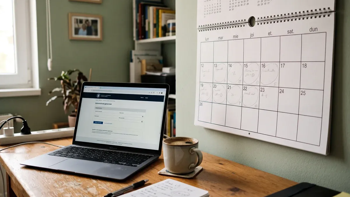 Calendar de birou cu zece zile lucrătoare marcate, lângă un dosar cu acte și un laptop deschis pe pagina unui minister